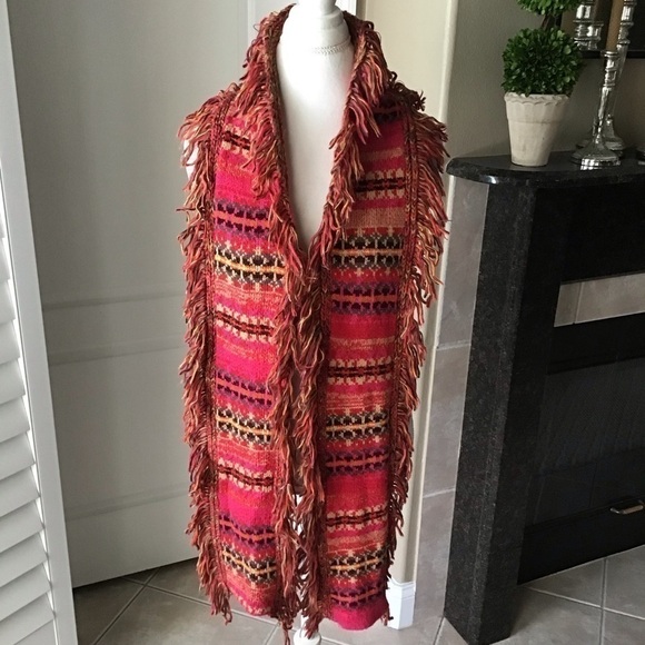 Steve Madden Long Knit Fringed Neck Scarf Muffler Acrylic Boho Pink Red Multi - Picture 2 of 16